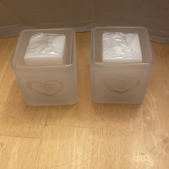 Set of 4-2 new frosted white glass candle holders & 2 new white candles as shown - Picture 3 of 8